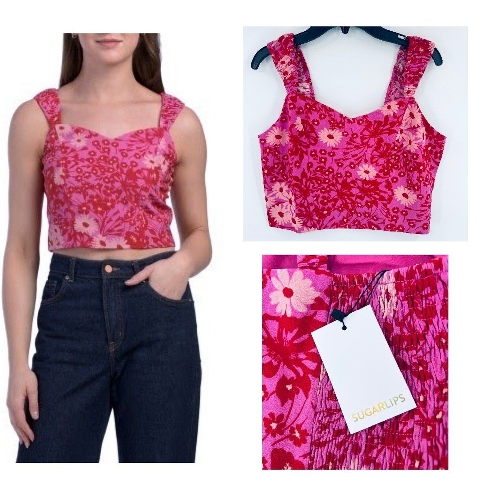 SUGAR LIPS Printed Cropped Top S Pink Floral Smocked Straps Sweetheart Neck NWT